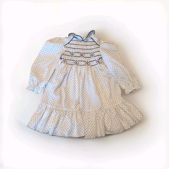 Polly Flinders Dress Girls 4 White Blue Polka Dot Floral Smocked Long Sleeve Vtg - Picture 1 of 7